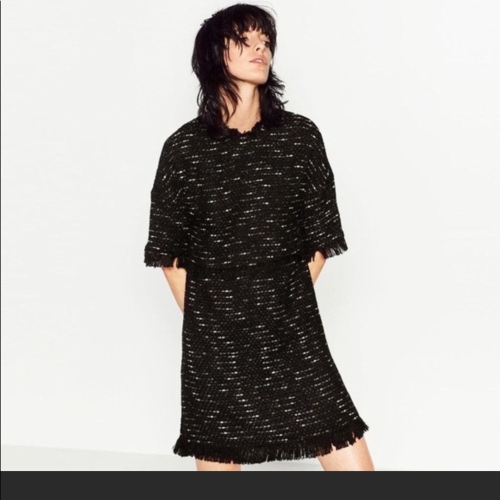 Zara TWEED black white frayed mini dress XS New